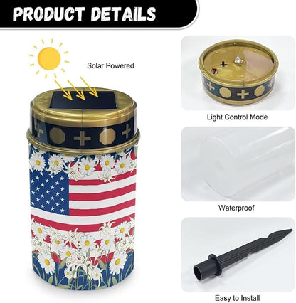 Daisy American Flag Solar Outdoor Lights, Waterproof Solar Pathway Lights,Auto On/Off Solar Lights, Cemetery Lights for Grave Walkway Driveway Yard Lawn Landscape Decor