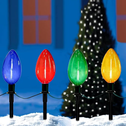 C9 Christmas Multicolor Pathway Lights, 7Ft Outdoor Christmas Pathway Markers Lights with 4 Jumbo C9 LED Multicolor Bulbs, Connectable Walkway Lights for Driveway Yard Garden