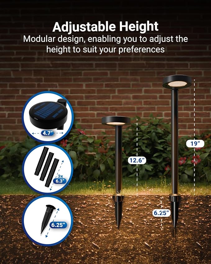 Sunco 6 Pack 2W LED Solar Pathway Walkway Backyard Garden Patio Residential Ambient Decorative Outdoor Light-MD4, 120 Lumens, Selectable CCT 2700K Soft White /4000K Cool White, Dimmable, 3.7V.