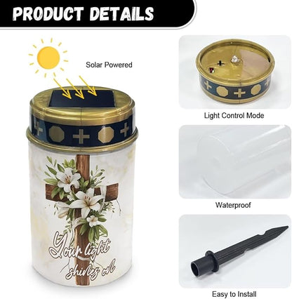 Grave Decorations for Cemetery Lily Flower Solar Cross for Cemetery Grave Waterproof Dusk to Dawn Sensor Grave Lamp Bereavement Gifts 2 Pack