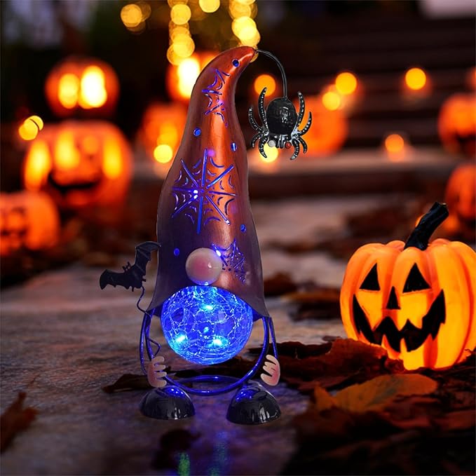 Halloween Decorations Outdoor Gnome Solar Lights, Color Changing LED Lights with Spider Web Hollowed-Out Hat | Lumora