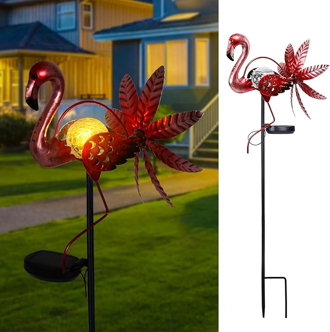 Bshine Flamingo Solar Light Wind Spinner Outdoor Garden Decoration, Waterproof Garden Stake LED with Cracked Glass Ball, Gift for Mom,Lawn Ornaments for Pathway, Patio, Yard Christmas Decor Outdoor