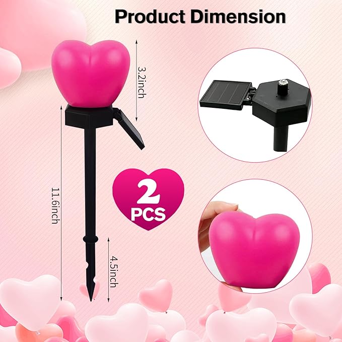Valentines Day Red Heart Solar Lights Outdoor, 2Pcs Waterproof Valentines Day Solar Garden Light LED Heart Lights Wedding Decorations for Yard Walkway Outside (Peach Pink)