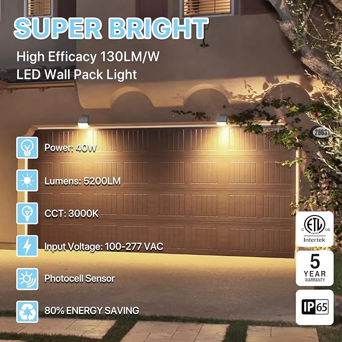 HYPERLITE LED Wall Pack Light: 40W 3000K Wall Pack Lights Outdoor with Dusk to Dawn Photocell, 5200lm ETL Listed | Lumora