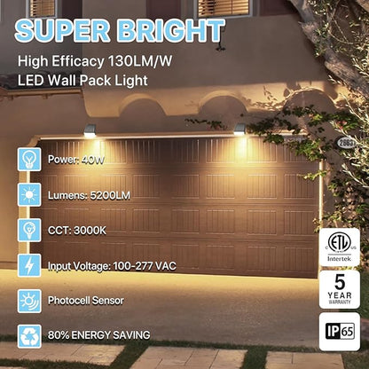 HYPERLITE LED Wall Pack Light: 40W 3000K Wall Pack Lights Outdoor with Dusk to Dawn Photocell, 5200lm ETL Listed Adjustable Full Cut Off Wall Packs for Porch Yard Barn Warehouse Garage