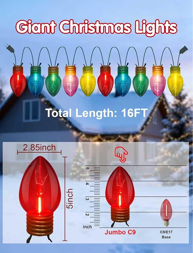 Jumbo Outdoor Christmas Lights,16FT C9 Jumbo Xmas String Lights Decorations Waterproof Hanging Lights with 10 Large Clear Multicolor Bulb for Outdoor Porch Patio Eave Xmas Roof Decoration