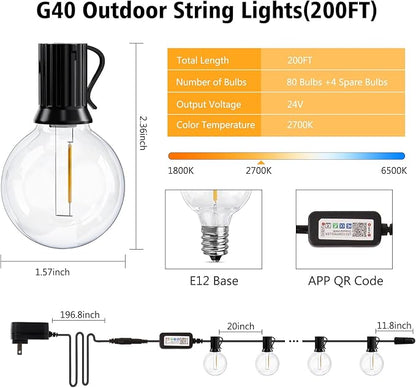 echosari Outdoor String Lights with APP Control, 200FT G40 LED String Lights for Outside with 84 Shatterproof Bulbs, Hanging Patio Lights for Balcony Apartments Backyard, Bistro,Garden, Porch, Party