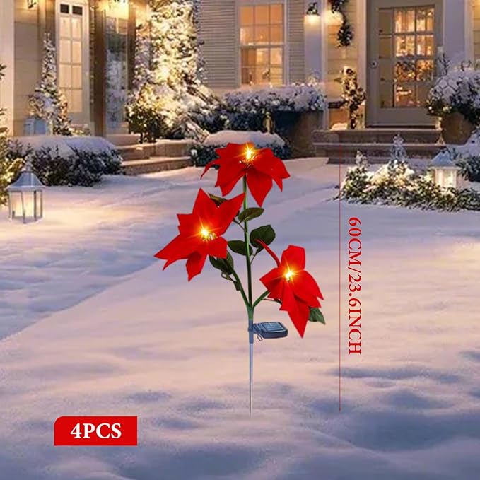 4PCS Solar Flower Lights Waterproof Solar Poinsettias Artificial Christmas Flowers Light with Stake for Pathway Yard Garden Patio Lawn Outdoor