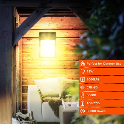 JJC LED Wall Pack Light with Photocell,28W(150-250W Replacement),3000LM 3000K-Warm White Dusk to Dawn LED Outdoor Lighting,100-277V Outdoor Security Lights