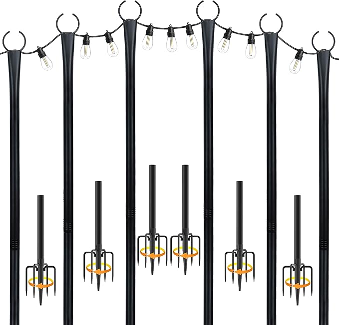10 Ft String Light Poles for Outside, 6 Pack Heavy-Duty Metal Poles for Outdoor Hanging Lights with Fence Brackets | Lumora