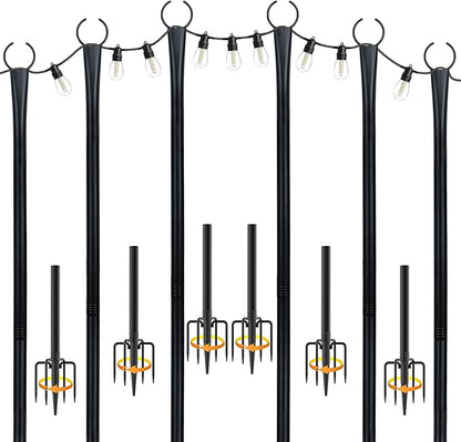 10 Ft String Light Poles for Outside, 6 Pack Heavy-Duty Metal Poles for Outdoor Hanging Lights with Fence Brackets, Outdoor String Light Pole Stand for Patio, Backyard, Garden