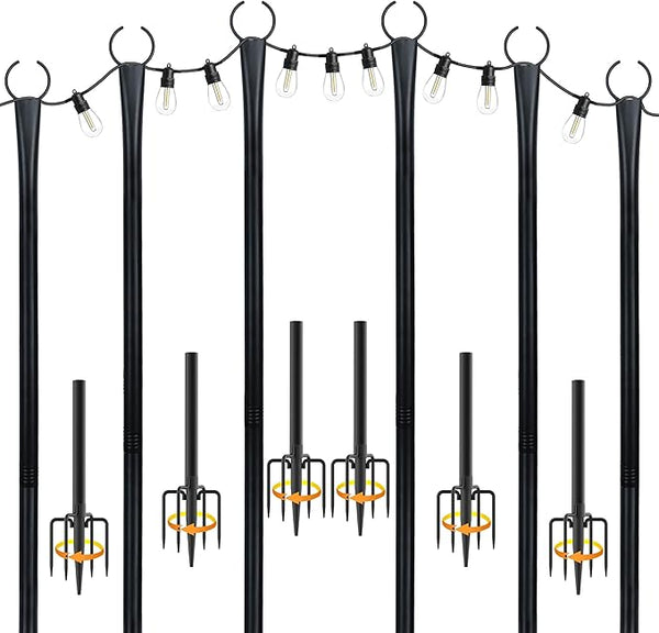 10 Ft String Light Poles for Outside, 6 Pack Heavy-Duty Metal Poles for Outdoor Hanging Lights with Fence Brackets | Lumora