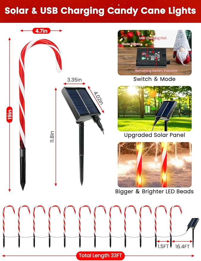 BOSSERN Upgraded 24 Pack Candy Cane Solar Christmas Lights Waterproof, Rechargeable Pathway Lights with Remote | Lumora