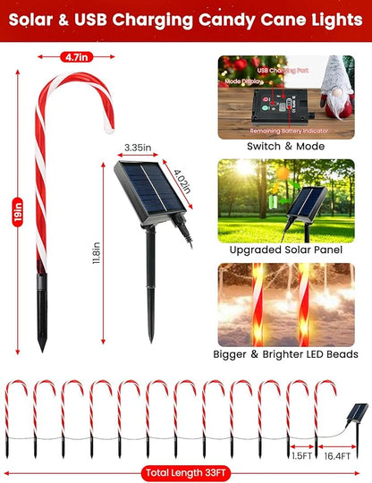BOSSERN Upgraded 24 Pack Candy Cane Solar Christmas Lights Waterproof, Rechargeable Pathway Lights with Remote, Solar Powered & USB Charging Christmas Decorations Outdoor for Garden Lawn Yard Party