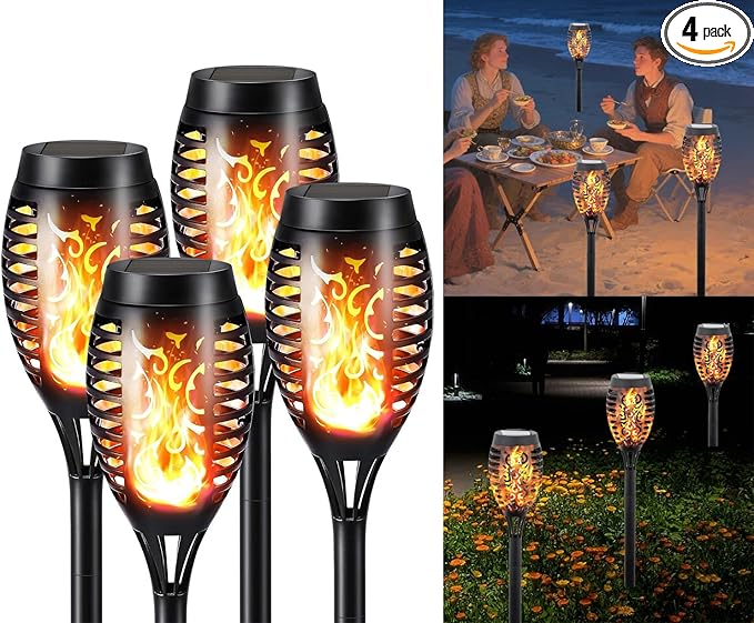 4Pcs Solar Flame Flickering Lamp Torch，Solar Garden Lights Outdoor Waterproof for Courtyard, Garden, Seaside, Balcony, Terrace, Lawn. (Orange)