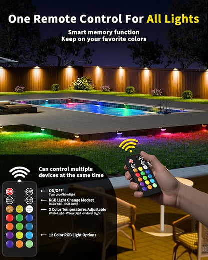 Solar Fence Lights with Remote Control 50ft,15 Multi Colors Solar Powered Outdoor Step Lighting,IP67 Waterproof Led RGBYW Colors Lamp for Outside Fence/Deck/Backyard/Stair Railing/Wall/Patio/Pool