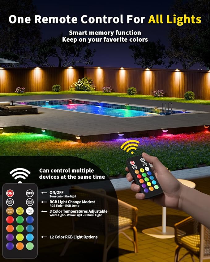 Solar Fence Lights with Remote Control 50ft,15 Multi Colors Solar Powered Outdoor Step Lighting,IP67 Waterproof Led RGBYW Colors Lamp for Outside Fence/Deck/Backyard/Stair Railing/Wall/Patio/Pool