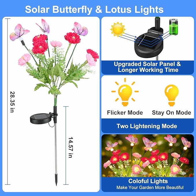 Solar Garden Lights,Solar Lights Outdoor Waterproof with Butterfly Flower,2 Pack Solar Powered Outdoor Lights,Solar | Lumora