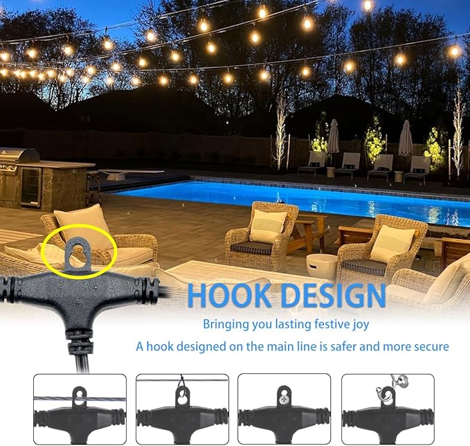48FT Outdoor Waterproof String Lights with 16 Shatterproof Bulbs, IP65 Patio Lights for Garden Wedding Cafe - Tangle-Free Cables with Hooks (Warm White)
