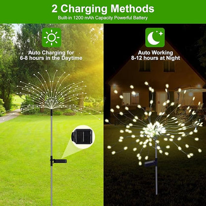 2 Pack Solar Firework Lights Outdoor, 175 LED Garden Lights with 2 Modes, Waterproof DIY Copper Wire Solar Starburst Light for Yard Wedding Patio Halloween Christmas Decor（Warm White）