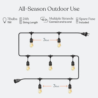 Brightech Bundle: Waterproof LED Outdoor String Lights Hanging, Dimmable 11W Bulbs - 24 Ft + String Light Screw Hooks - 15 Pack, Black