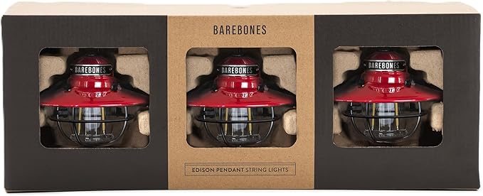 Barebones Edison Pendant String Lights - Red, 3 Edison-Style LED Bulbs with 10-Foot Cord, Energy-Efficient Outdoor Lanterns for Patio, Garden, or Indoor Decor