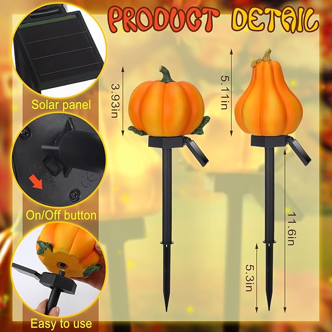 2 Pcs Fall Solar Lights Pumpkin Outdoor Thanksgiving Halloween Decoration Waterproof Light up Pumpkin Yard Sign for Fall Harvest Decor Porch Garden Lawn(Orange)