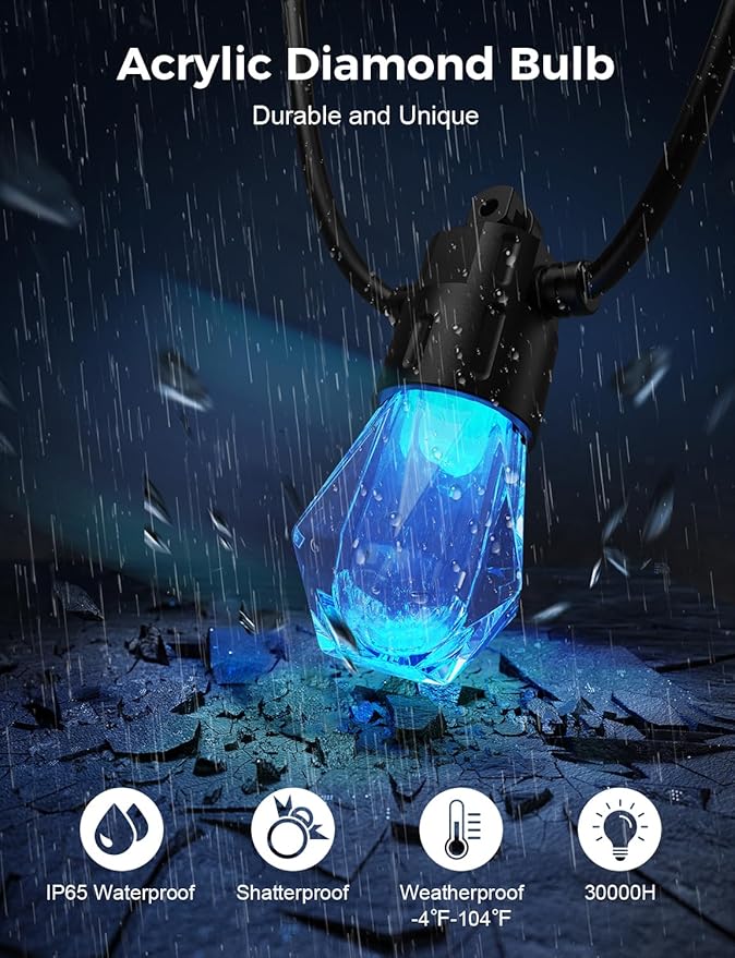 XMCOSY+ 48FT Smart Outdoor String Lights - RGBCWIC Dimmable Acrylic Bulbs, Color Changing LED Patio Lights APP WiFi | Lumora