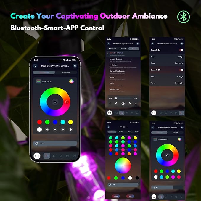 BBG Outdoor String Lights 50FT RGBW - Patio Lights Outdoor Waterproof, 24V Low Voltage, 20 Shatterproof Bulbs, Individual Bulb Color Control, APP & Remote, Linkable, Music Sync, Timer
