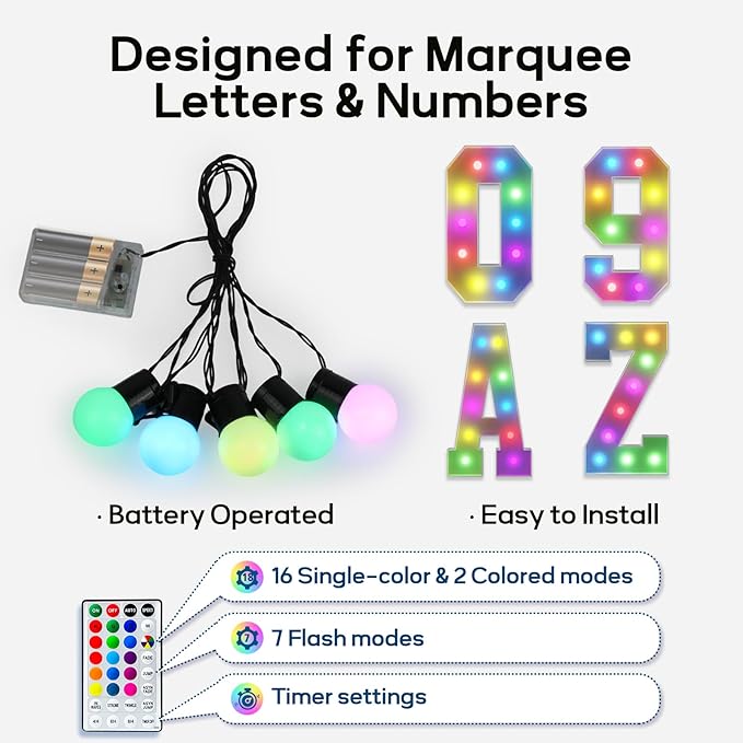 Battery Operated String Lights for Marquee Light Up Letters Numbers LED 5-Bulb Colorful Indoor Outdoor Light Bulbs Bedroom Wall Chrismas Decor Wedding Birthday Party Decorations