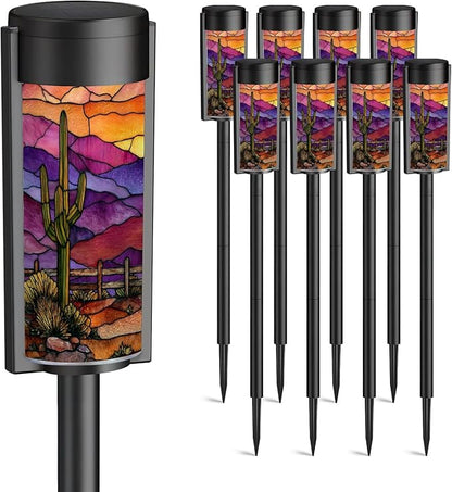 8 Pack Solar Pathway Lights Outdoor Waterproof Southwest Cactus Stained Glass Window Western Motifs Sunset Solar Garden Lights LED Landscape Lighting for Yard Walkway Lawn Garden Decor