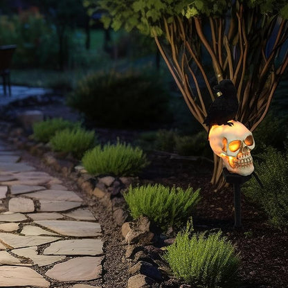 Halloween Skull Lights Crow on Skull Solar Pathway Lights Waterproof Scary Skeleton LED Outdoor Decorations, Realistic Resin Material for Patio Lawn Yard Garden Home Halloween Party (B)