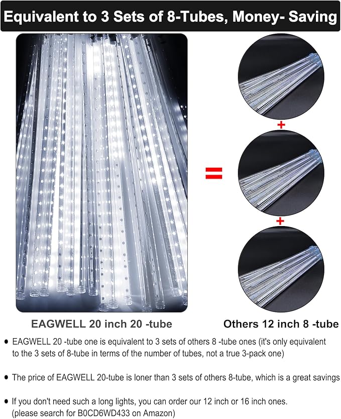Meteor Shower Lights Outdoor Christmas Lights UL Certified Falling Rain Drop Snowfall Icicle Cascading String Light for Xmas Holiday Tree Wedding Party Garden Decor White, 20 Inch 20 Tubes
