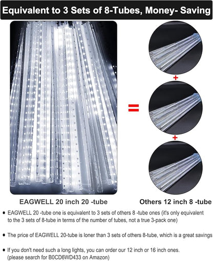 Meteor Shower Lights Outdoor Christmas Lights UL Certified Falling Rain Drop Snowfall Icicle Cascading String Light for Xmas Holiday Tree Wedding Party Garden Decor White, 20 Inch 20 Tubes