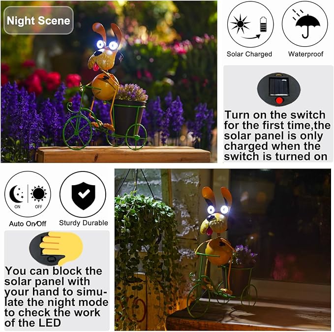 Dog Solar Lights Outdoor Cycling Plant Stand,Yard Art Metal Dog Statues,Outdoor Funny Statue for Garden Decor Yard Lawn Ornaments