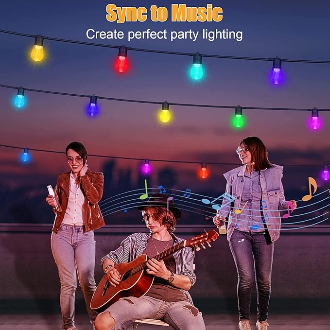 2023 Upgraded Outdoor String Lights, DIY Color Changing RGB Bright Smart Light 50ft Work with Alexa & Remote for Party, IP65 Waterproof Outside Patio String Light with 15 Dimmer LED Bulbs
