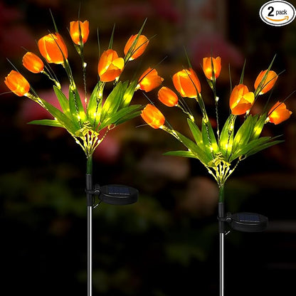 Aolyty Solar Garden Lights Outdoor, Solar Tulip Lights 2 Pack with 14 Tulip Flowers, IP65 Waterproof LED Stake Light for Pathway Patio Yard Landscape Decorative (Orange)