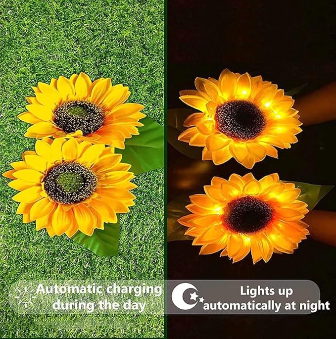 2 Pack Solar Sunflower Lights,Outdoor Garden Solar Powered Decorative Artificial Flower Stake for Patio Porch Christmas Gardening Bed Pathway Memorial Cemetery Grave Decor