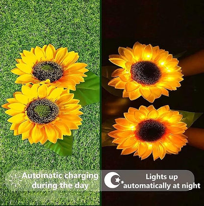 2 Pack Solar Sunflower Lights,Outdoor Garden Solar Powered Decorative Artificial Flower Stake for Patio Porch Christmas Gardening Bed Pathway Memorial Cemetery Grave Decor
