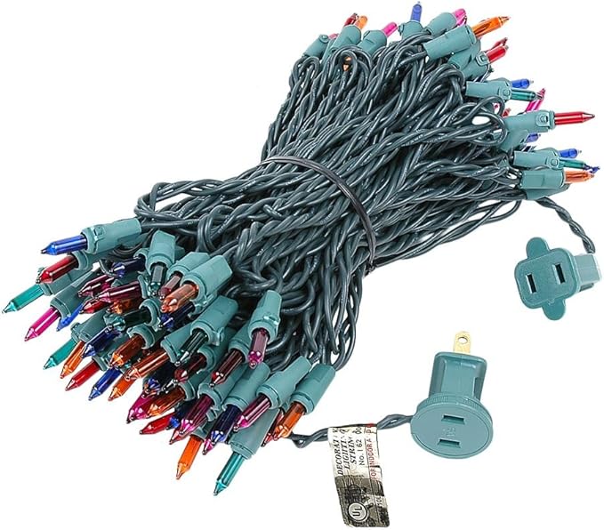 Novelty Lights 50 Feet 100 Bulbs Traditional Incandescent Mini Lights, Multicolor on Green Wire with 6" Spacing, Commercial Grade and UL Listed for Indoor/Outdoor Use, End-to-End Connectable