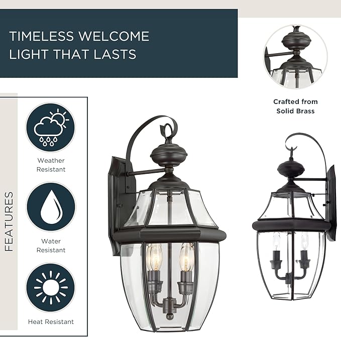 Quoizel Newbury Outdoor Wall Lantern, 20 Inch 2-Light Medici Bronze Wall Sconce, French Country Exterior Wall | Lumora