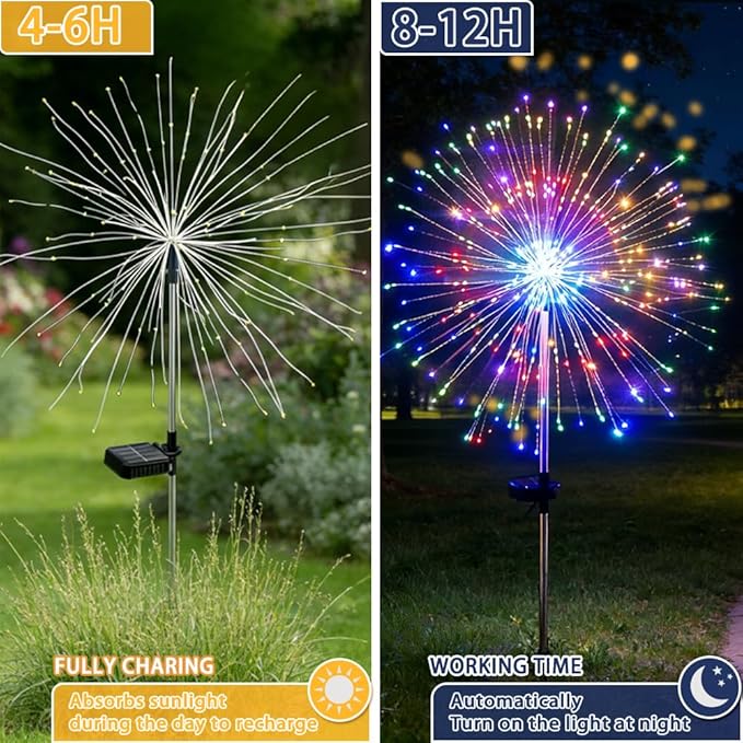 Solar Fireworks Lights for Outside, 150LED 8 Modes Fireworks Solar Lights Outdoor, Fairy Garden Flowers for Yard Pathway Wedding Party Christmas Diwali Garden Decor 2Pack (Multicolor)