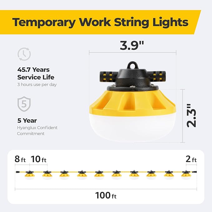 100ft Construction String Lights: 100w 11000lm ETL Certified Bright Industrial Outdoor Temporary Lighting Led | Lumora