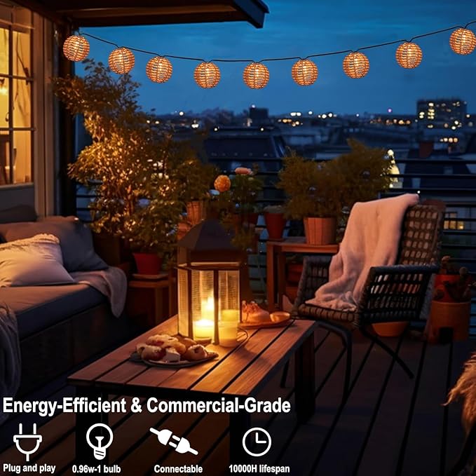 Decorative String Lights Plug in with 10 Incandescent Bulbs, Natural Rattan Globe Boho Lantern String Lights Connectable Weatherproof Outdoor Indoor for Bedroom Patio Pergola Decor