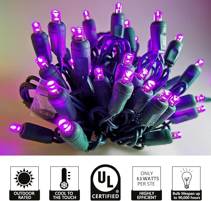 Purple Christmas String Light 50 LED Halloween Light, 120V UL, Plug in 5mm Xmas Light Set 17ft Green Wire Connectable for Outdoor and Indoor Patio Xmas Tree Wedding Party Decor