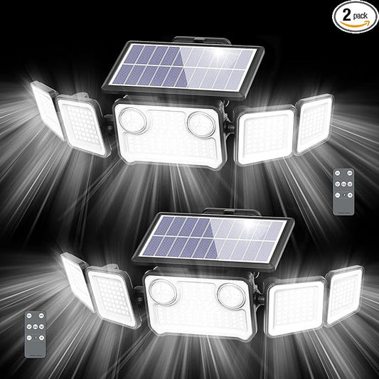 Onforu 6000LM Solar Lights Outdoor, 5 Heads Solar Security Lights with Remote Control, IP65 Waterproof Motion Sensor Lights 3 Modes Flood Lights for Wall, Porch, Yard, Outside, 2 Pack