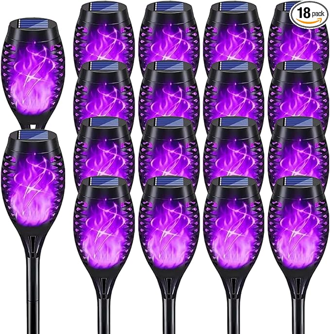 Solar Lights Outdoor Decorations, Upgraded Purple Flickering Flame, Waterproof Halloween Torch Lights, Tiki Torches for Outside Patio Pathway Decor, 6 Pack (18)