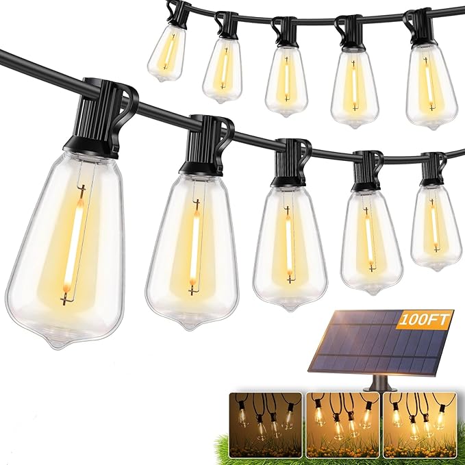 Brightever 100FT Solar String Lights Outdoor Waterproof, Patio Lights Solar Powered with Remote, 36+2 Shatterproof ST38 LED Bulbs 3 Lighting Modes, Dimmable Solar Lights for Backyard, Garden, Deck