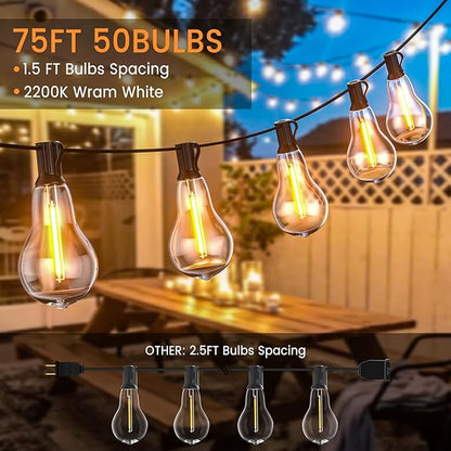 String Lights for Outside,75FT Patio Lights with 50+3 Bulbs(1.5FT Bulbs Spacing), outdoor string lights, Remote & Dimmer, 3 Mode Light & Timing, 50PC Mounting Ties for Outside, 2200K(Black)