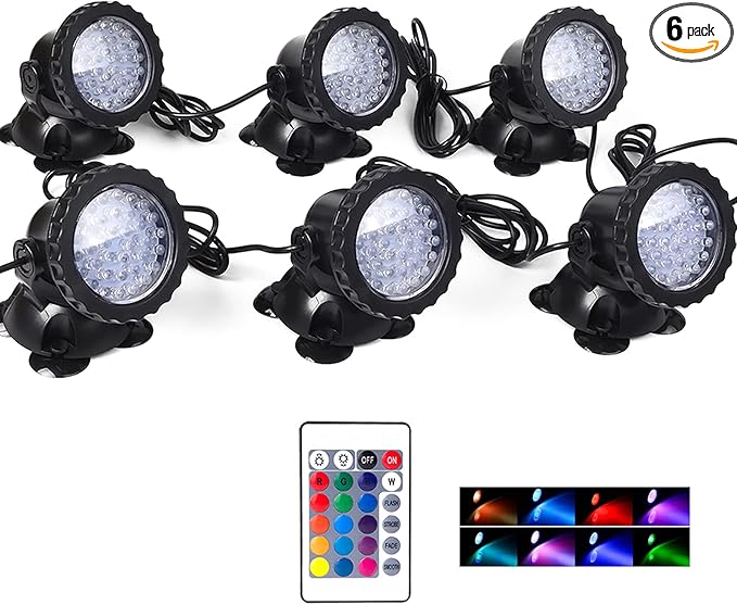 SHOYO Underwater Pond Lights, Colored Submersible Spot Lights, 36 LED Spotlight for Yard IP68 Waterproof Remote Control Multi-Color Dimmable Adjustable for Outdoor Fountain Landscape, Set of 6